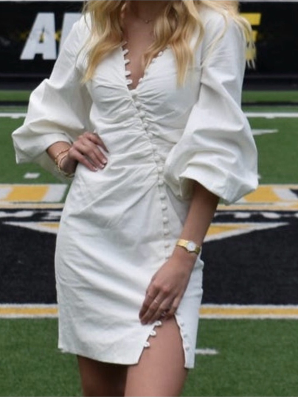 Ivory Ruched Puff-Sleeve Mini Dress